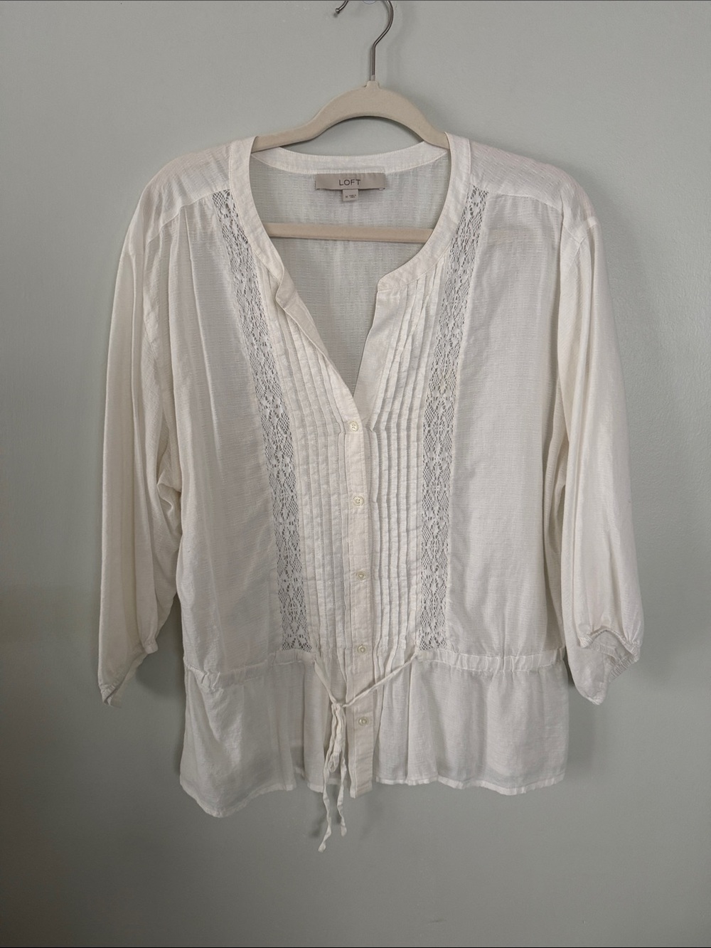 LOFT Cream Lace-Trim Pintuck Button-Front Blouse